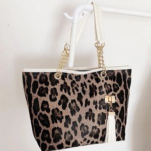 Leopard Chain Shoulder Tote Bag with Tassel